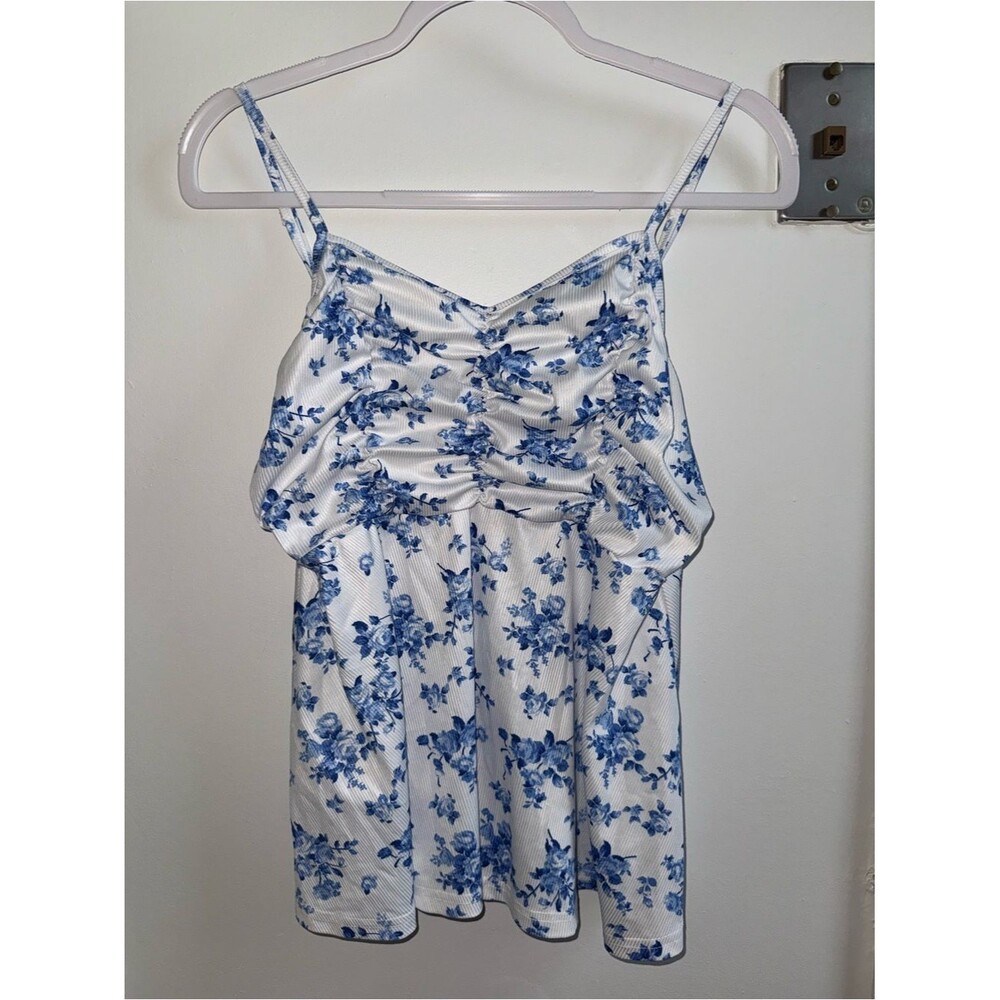 SHEIN Curve Floral Ruched Cami Tank Top Blue & White 1XL